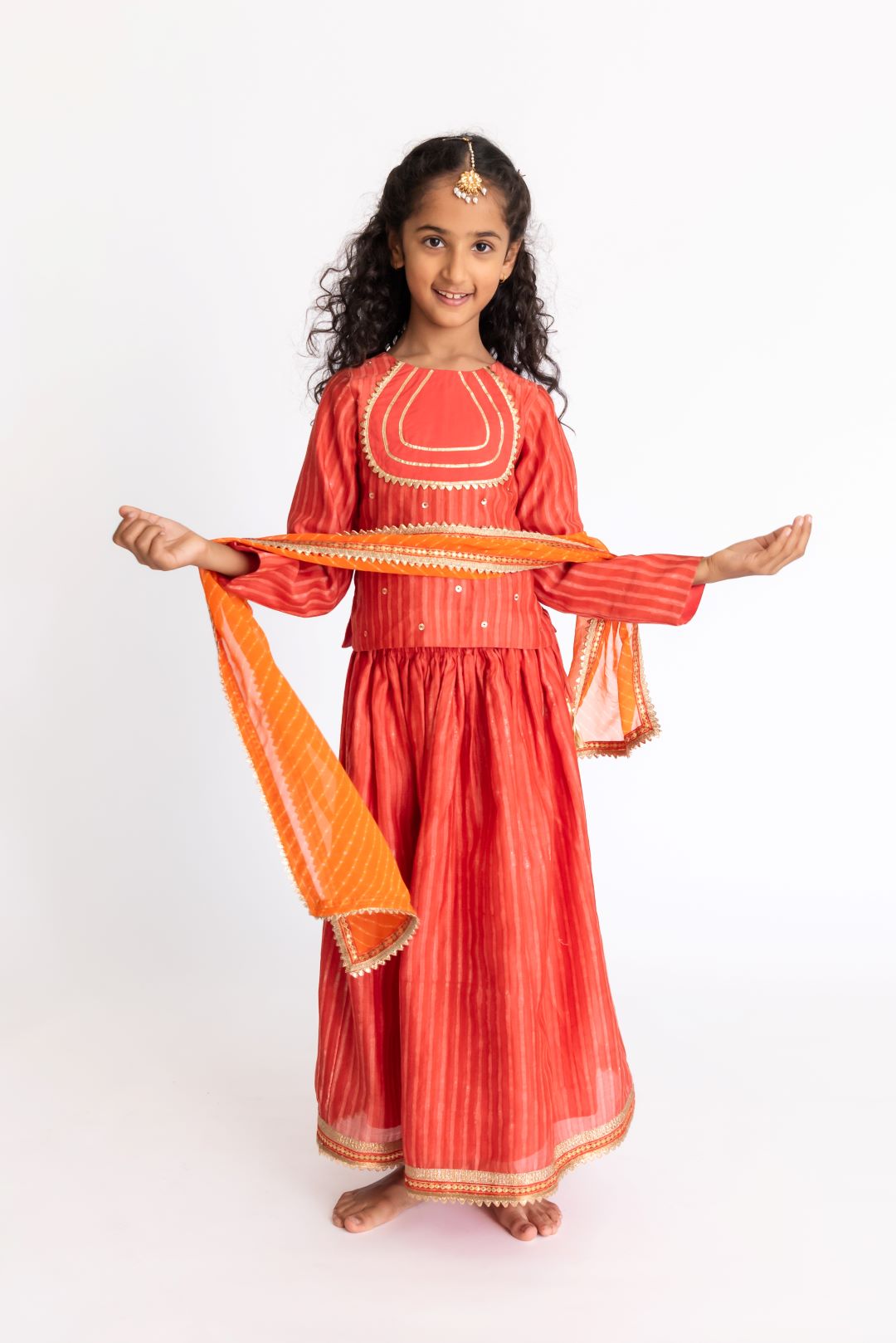 Red Orange Cotton Silk Lehnga