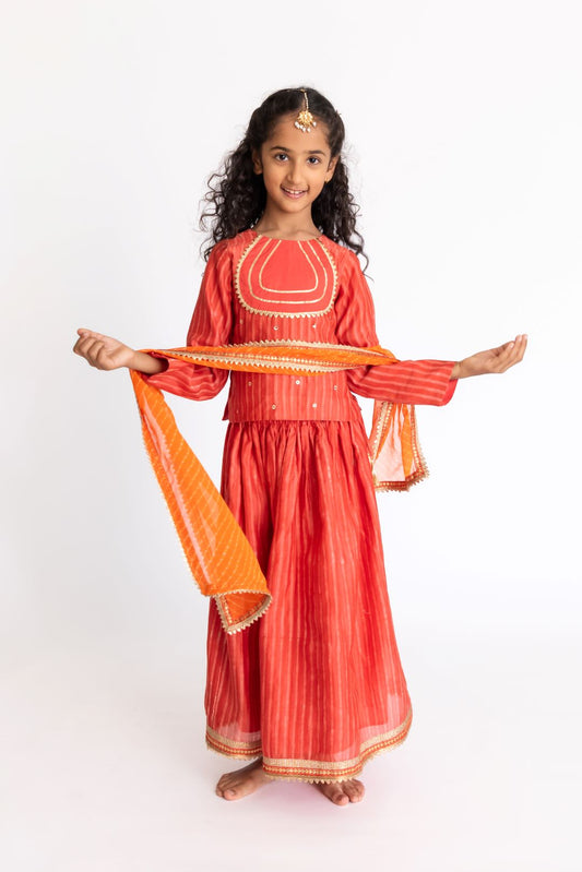 Red Orange Cotton Silk Lehnga