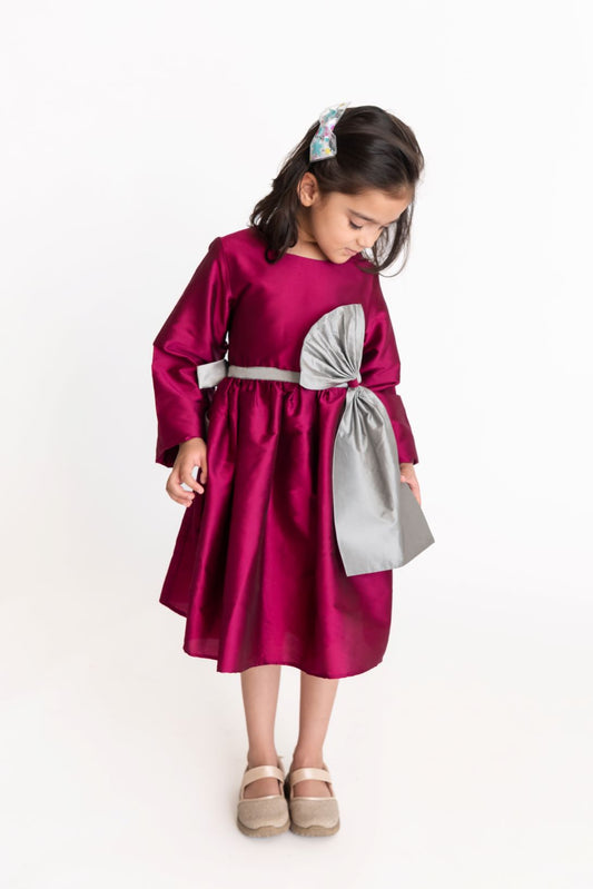 Prune Bow Dress Full Sleeves