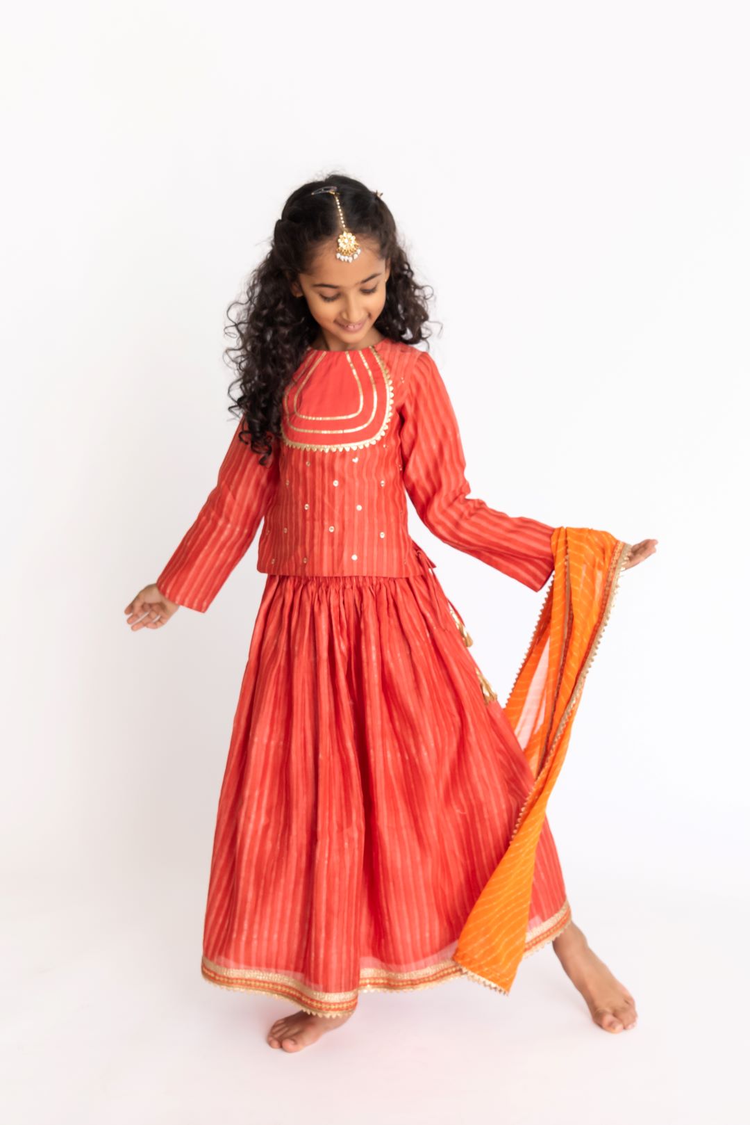 Red Orange Cotton Silk Lehnga