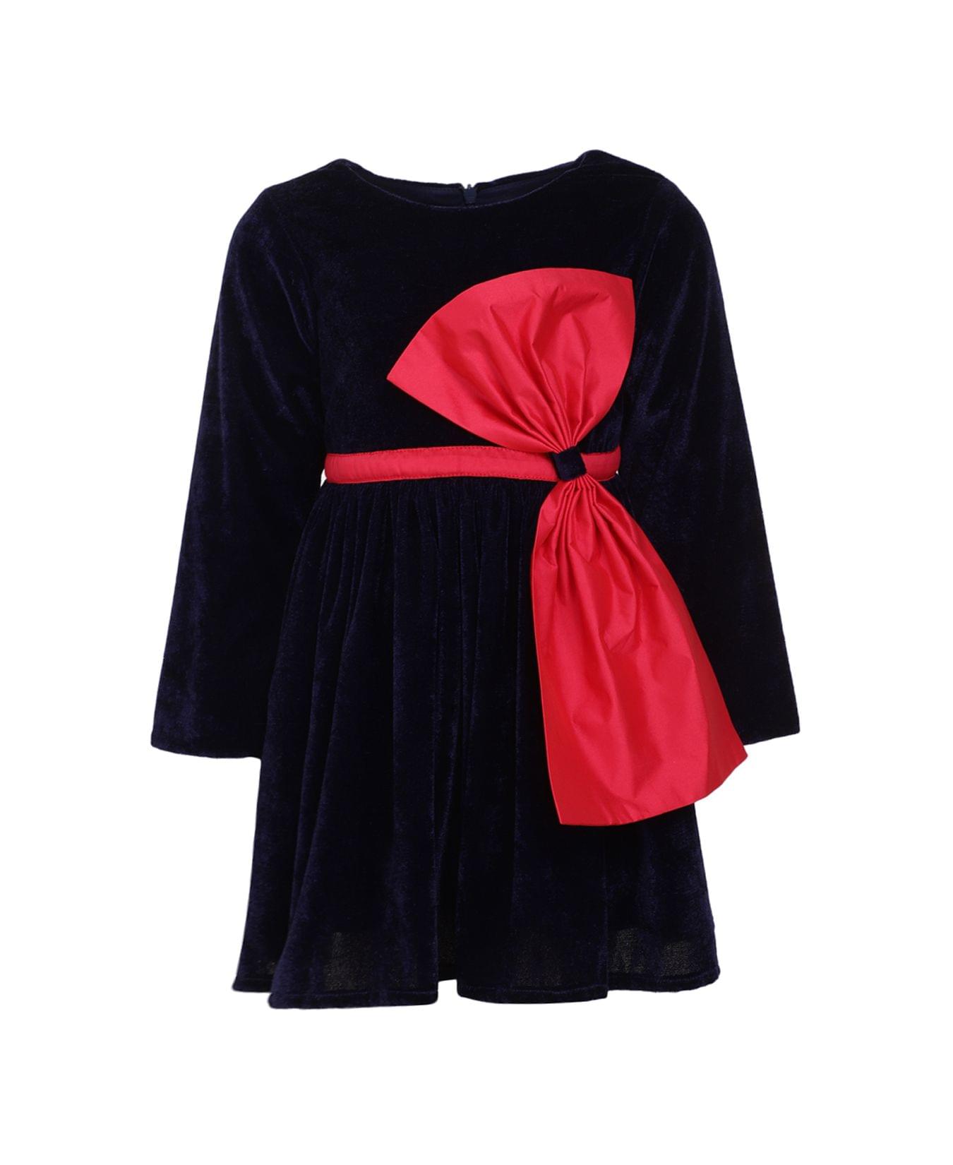 Navy Red Bow Dress Full Sleeves