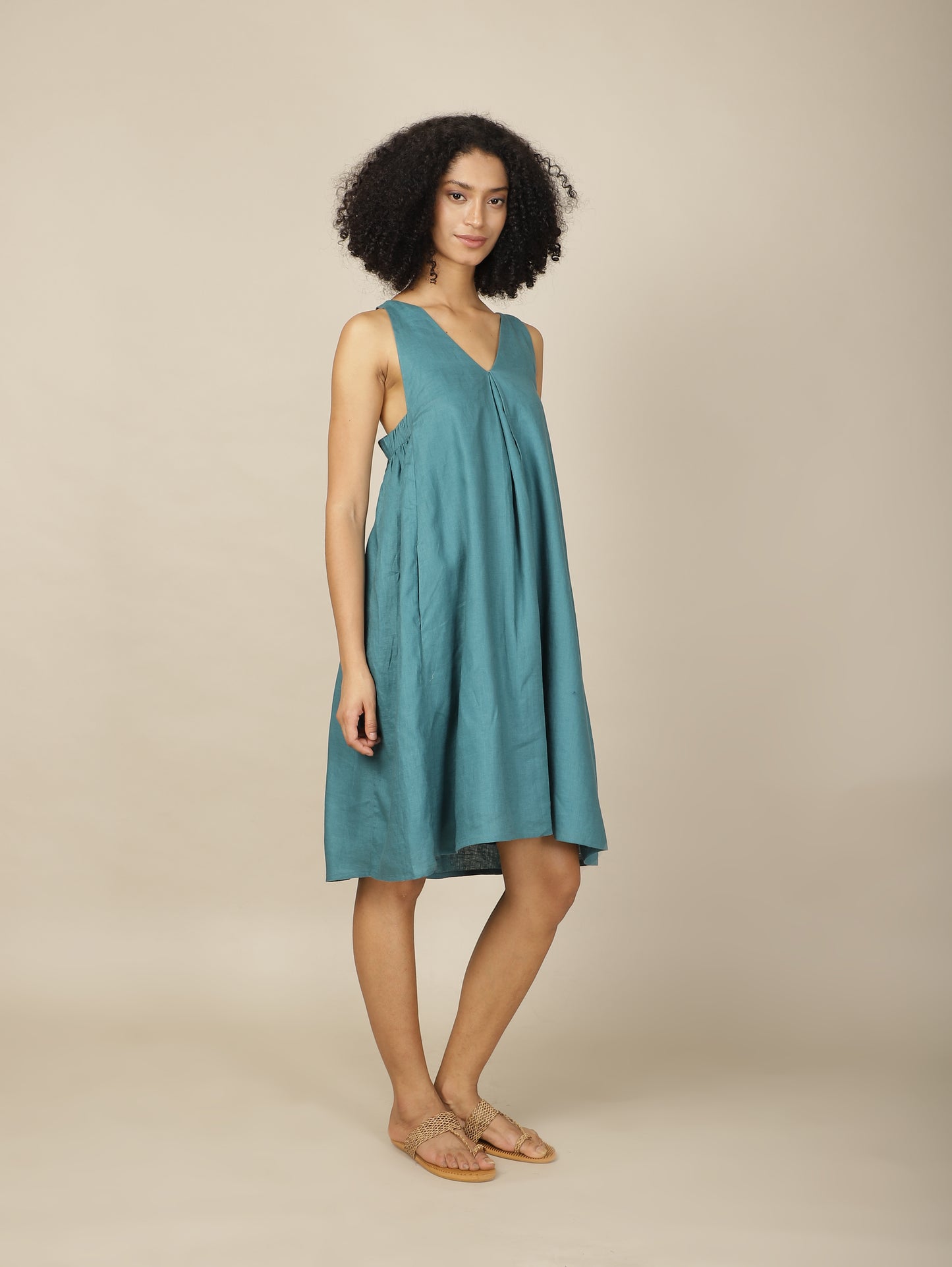 Teal chic linen dress