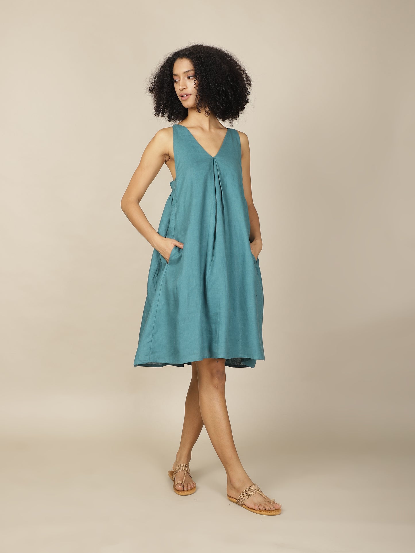 Teal chic linen dress