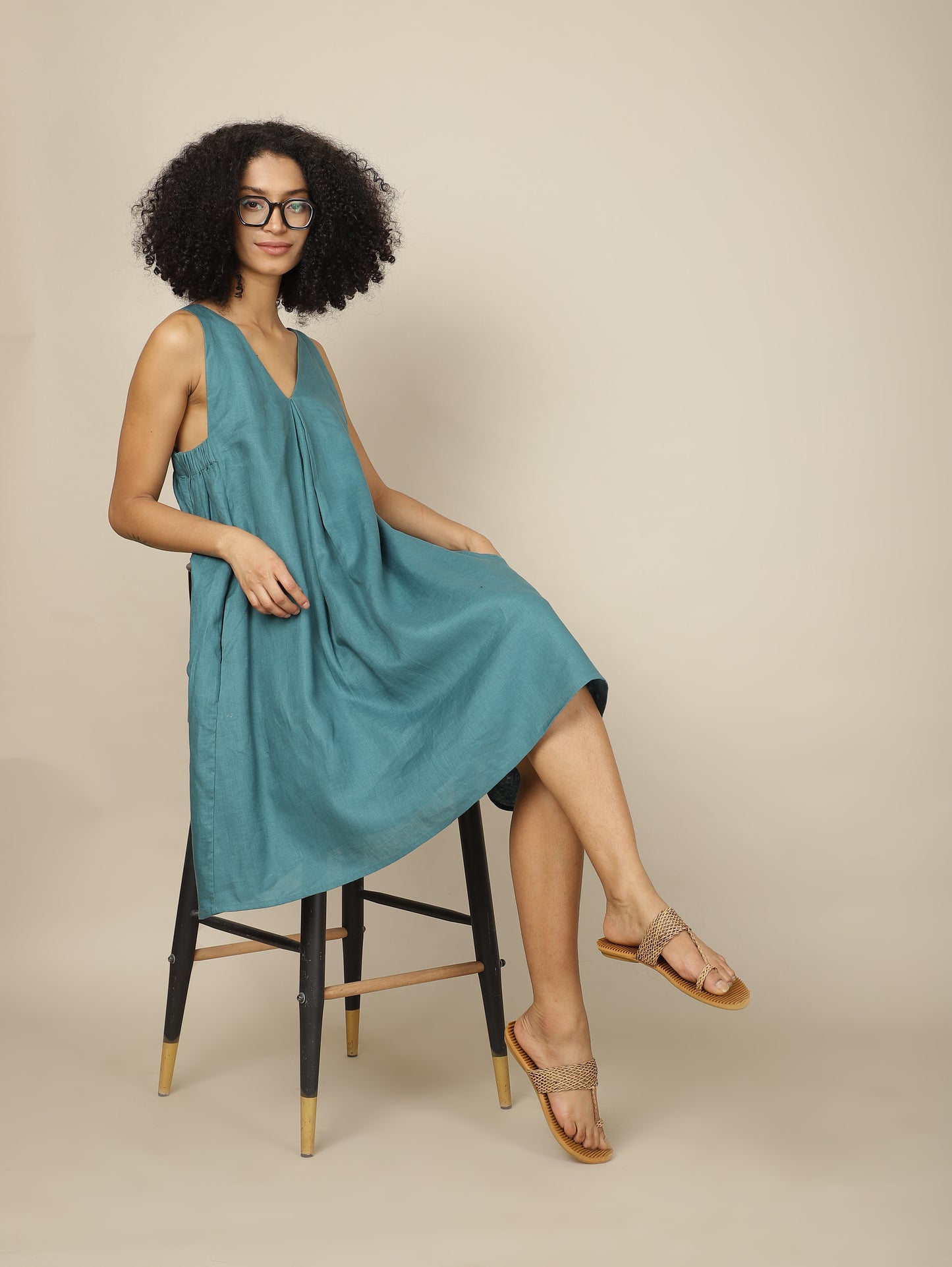 Teal chic linen dress