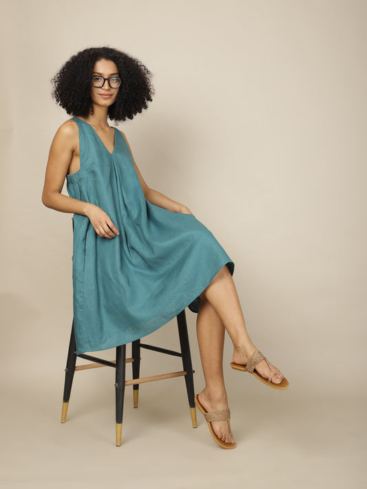 Teal chic linen dress