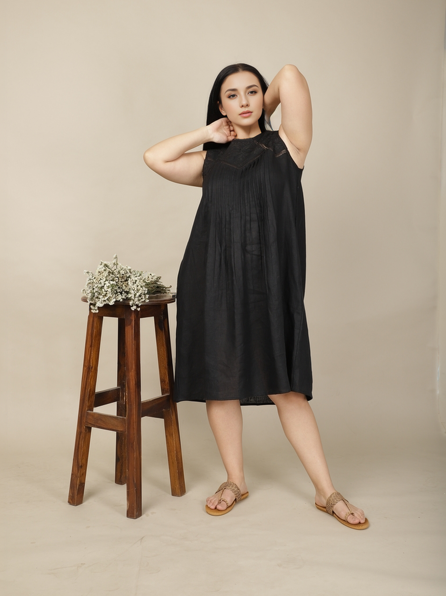 Lace reverie black linen dress